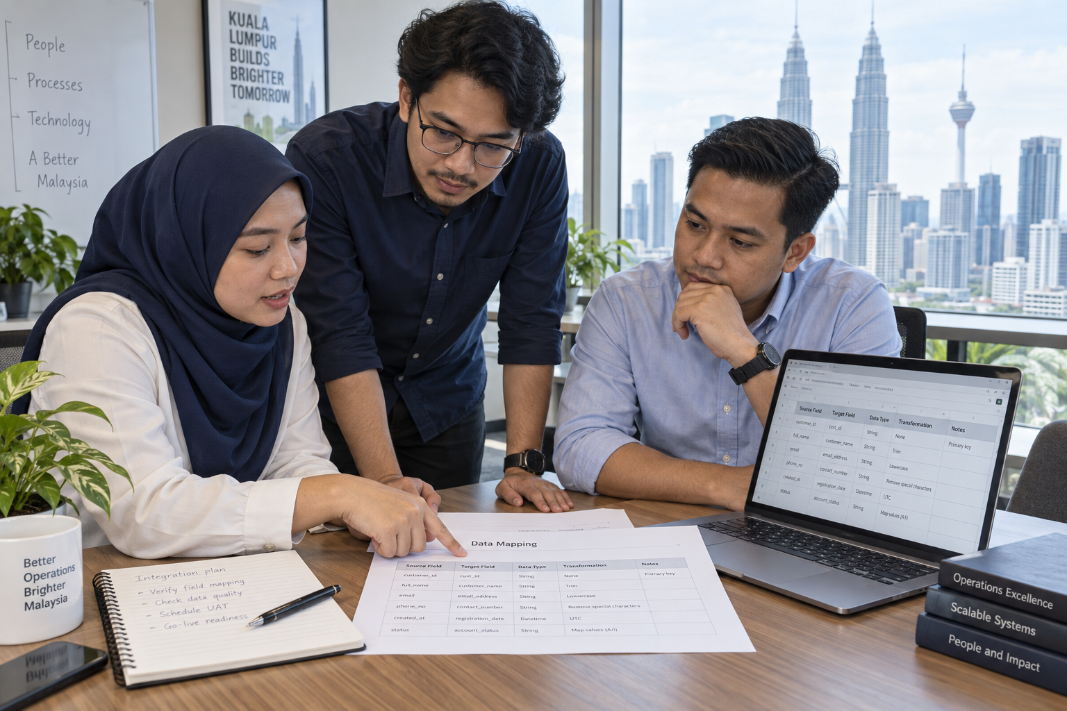 Illustrative operations and development team reviewing field mappings and an integration plan