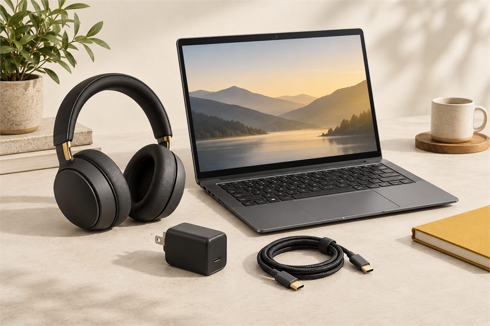 Laptop, headphones, charger and connecting cable