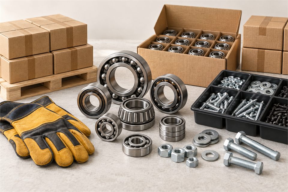 Industrial bearings, fasteners and cartons of parts for bulk ordering