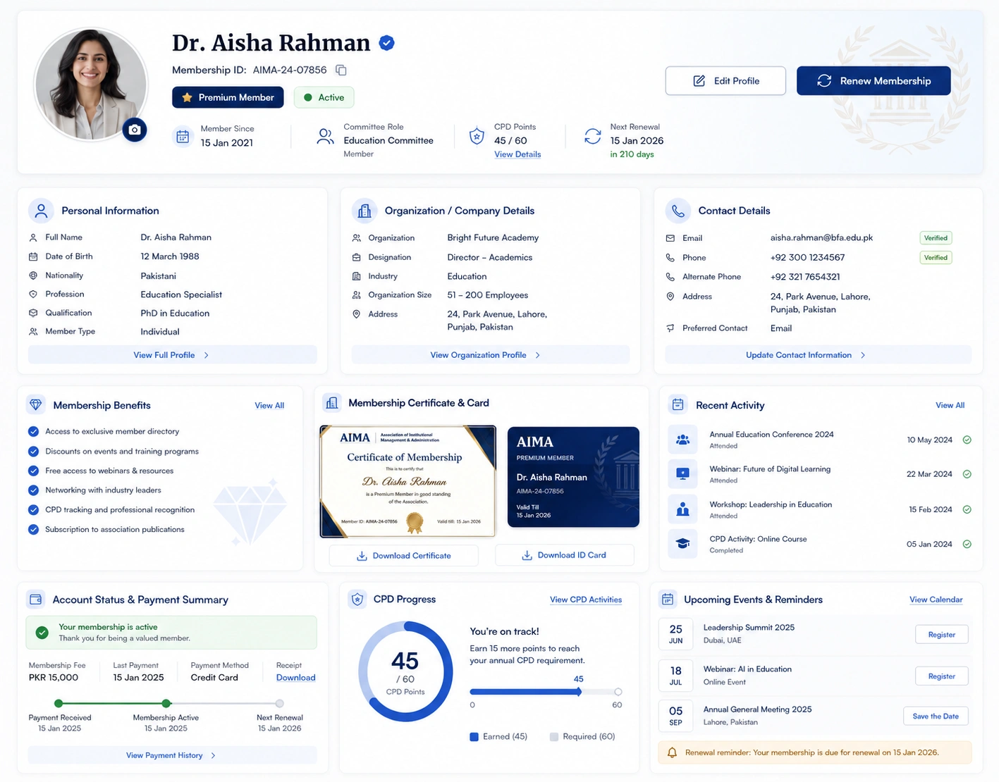 Illustrative association portal with member benefits and profile details