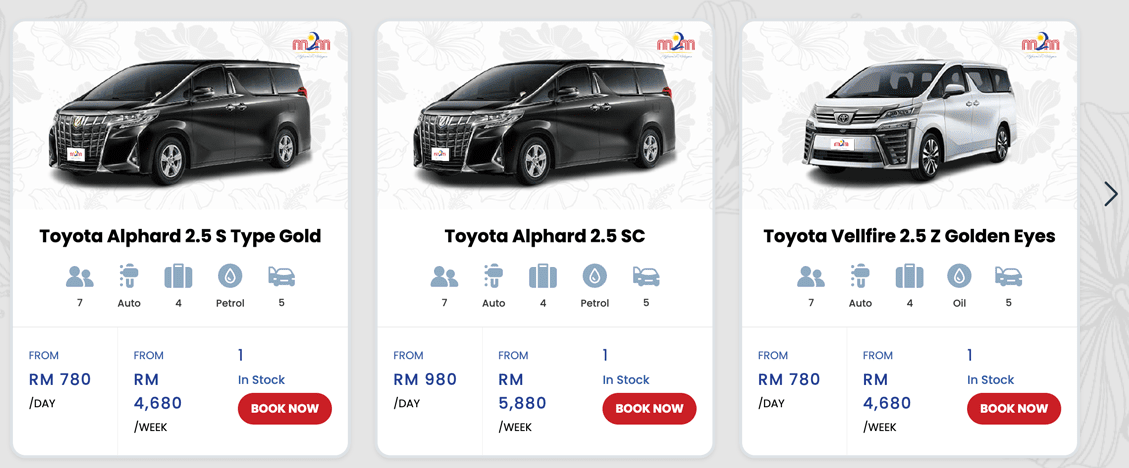 Bookable inventory with daily and weekly rates and live availability counts