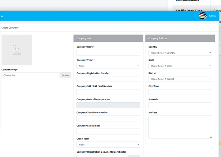 Account creation form with company information, registration number, credit term and address