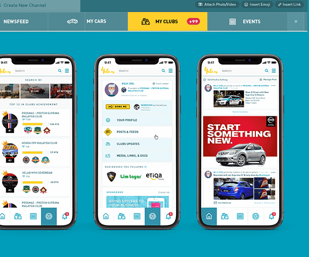 Mobile app screens showing member feed, clubs and offers