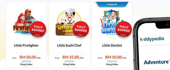 Programme cards showing price per person, location and fully booked status