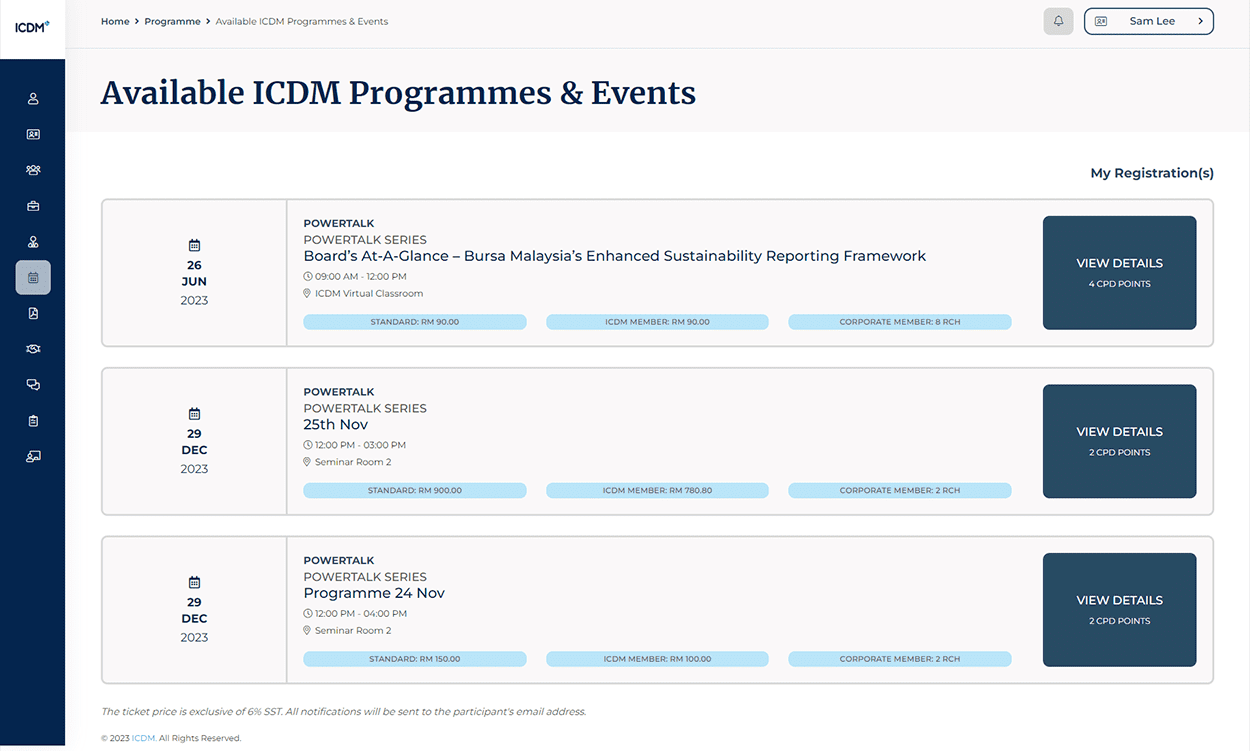 Programmes and events listing showing standard, member and corporate pricing with CPD points