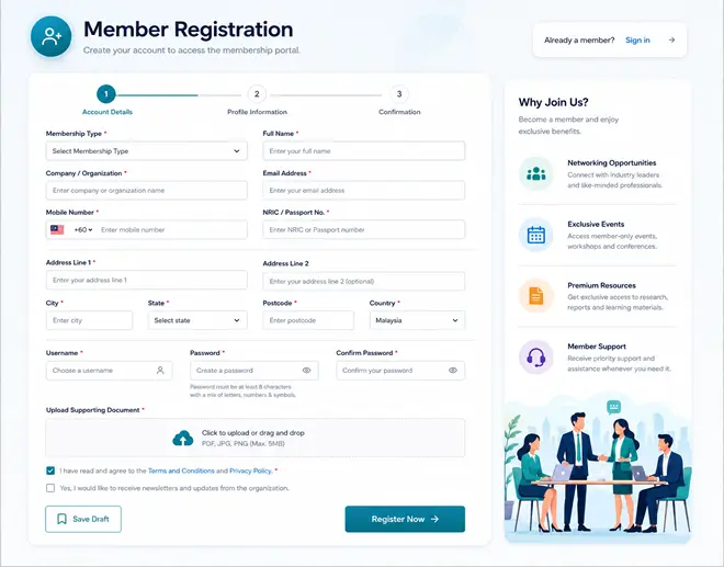Illustrative membership application and registration interface