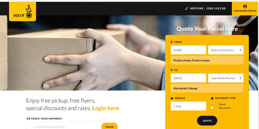 Pickup request form with origin, destination, weight and service type