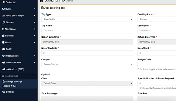 Trip booking form with trip type, departure and return date and time, passengers and buses required
