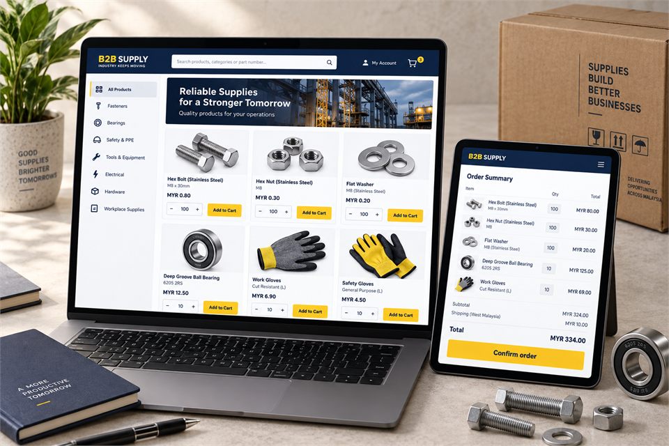 Illustrative trade catalogue and order checkout for industrial supplies