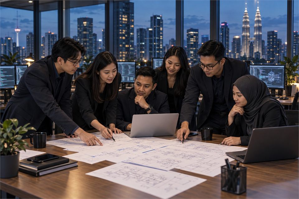 Illustrative development team reviewing application plans in a modern office